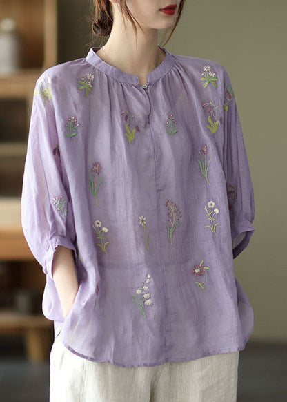 Purple Embroideried Loose Fall Three Quarter Sleeve Top