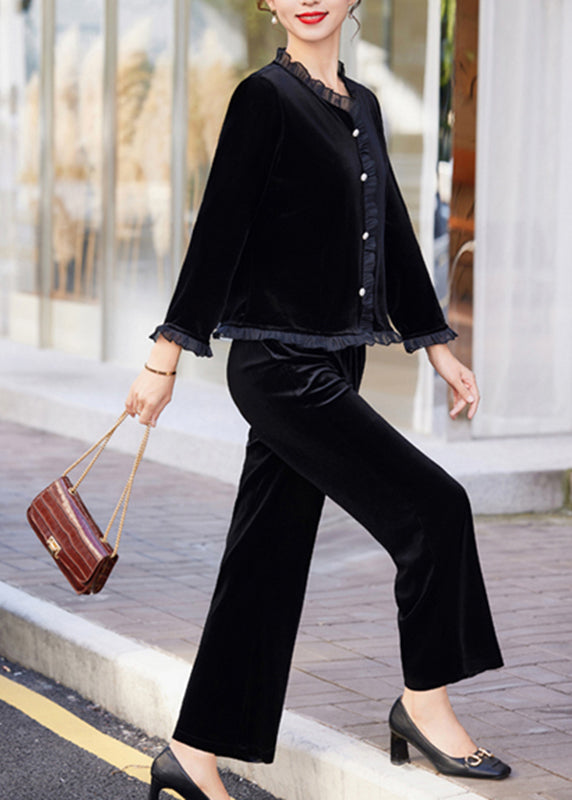 Modern Black Ruffled Patchwork Silk Velour Shirts and Pants Two Piece Set Long Sleeve
