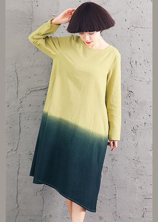 Yellow O-neck Gradient Color Cotton Dress Spring