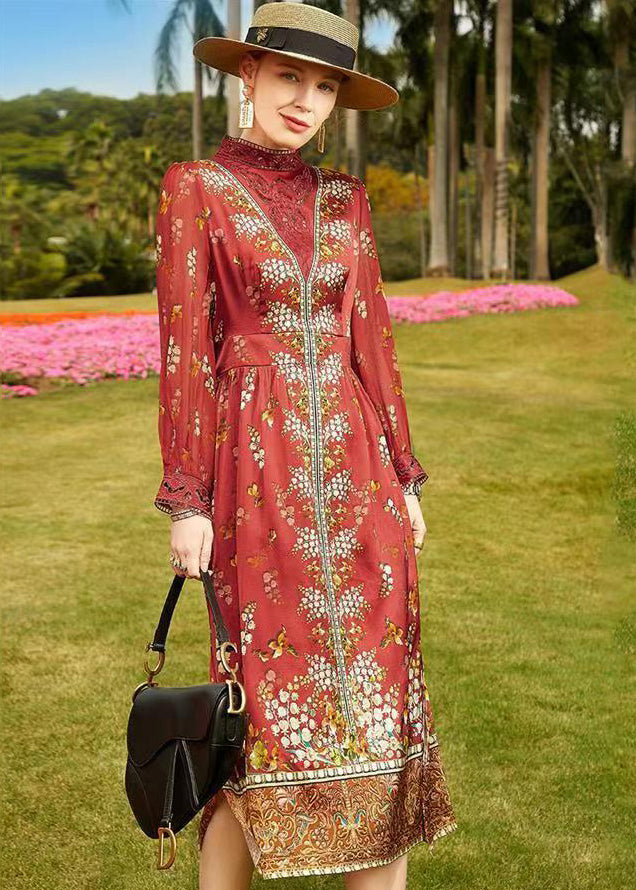 Red Stand Collar Hollow Out Print Patchwork Silk Dresses Fall