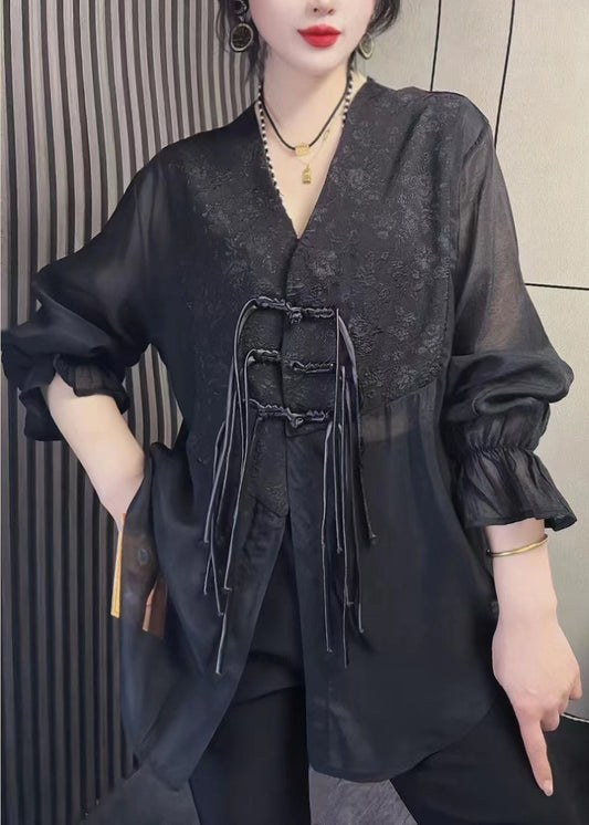 Black Tasseled Chinese Button Patchwork Chiffon Shirt Tops Fall