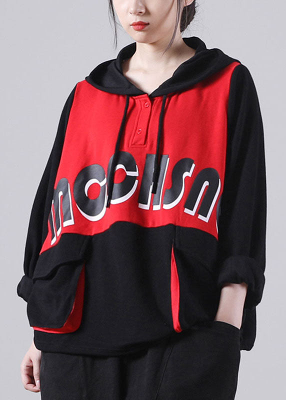 Comfy Red Hooded Drawstring Pockets Fall Patchwork Pullover Street Wear