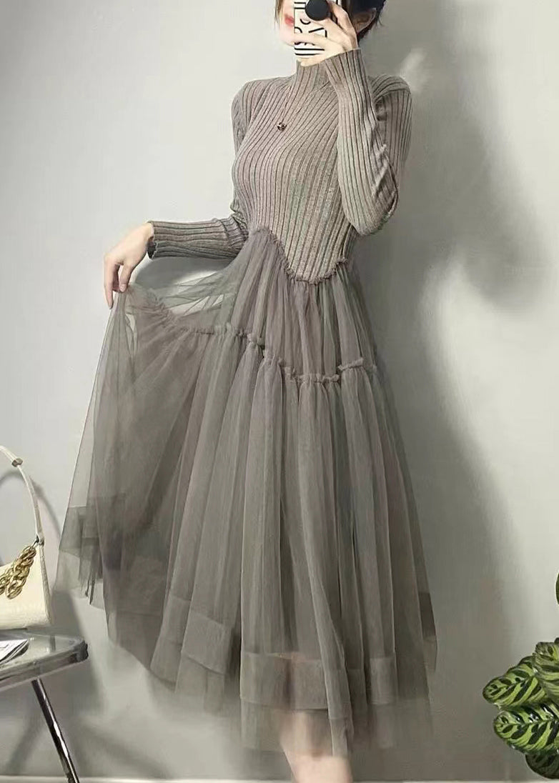 Grey Asymmetrical Tulle Patchwork Long Dresses Fall