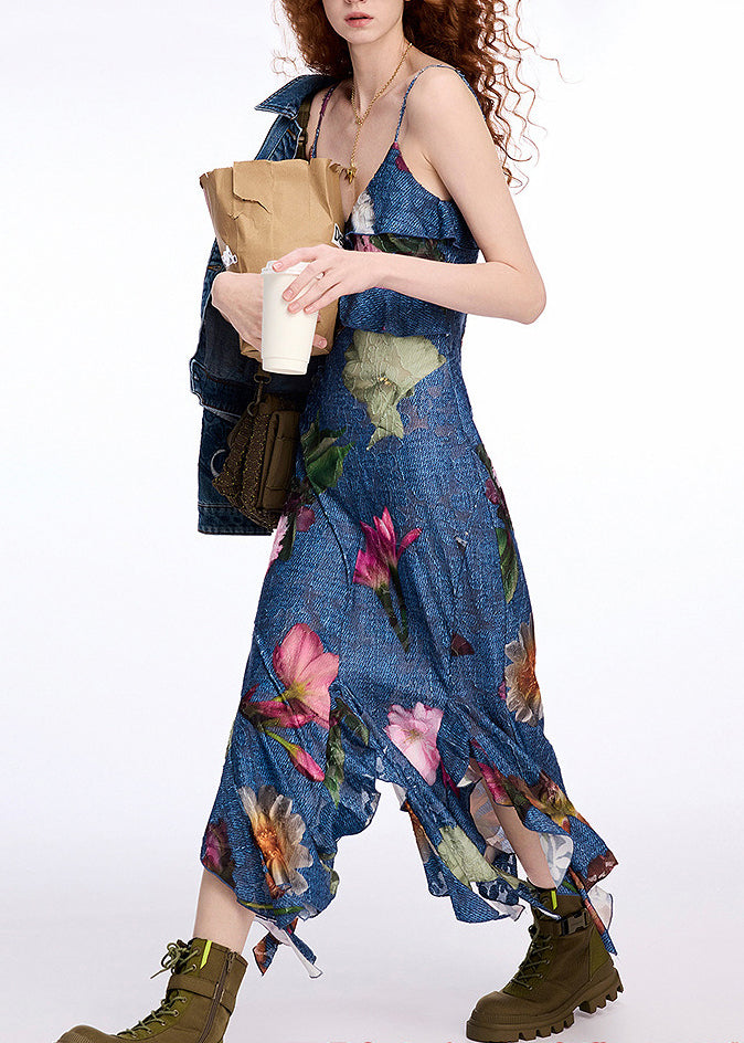 New Blue Ruffled Print Cotton Spaghetti Strap Dress Summer