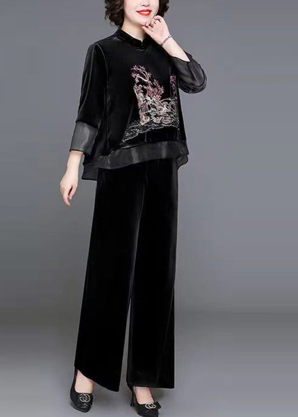 Black Stand Collar Patchwork Velour Two Pieces Set Fall