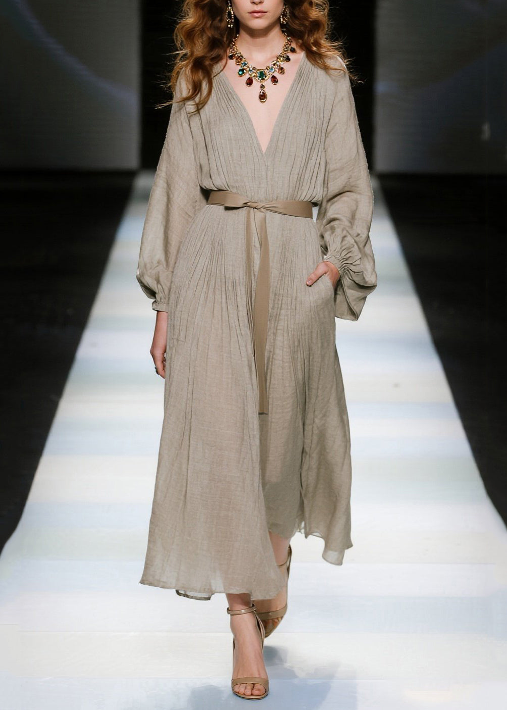 Khaki V Neck Tie Waist Cotton Long Dresses Spring