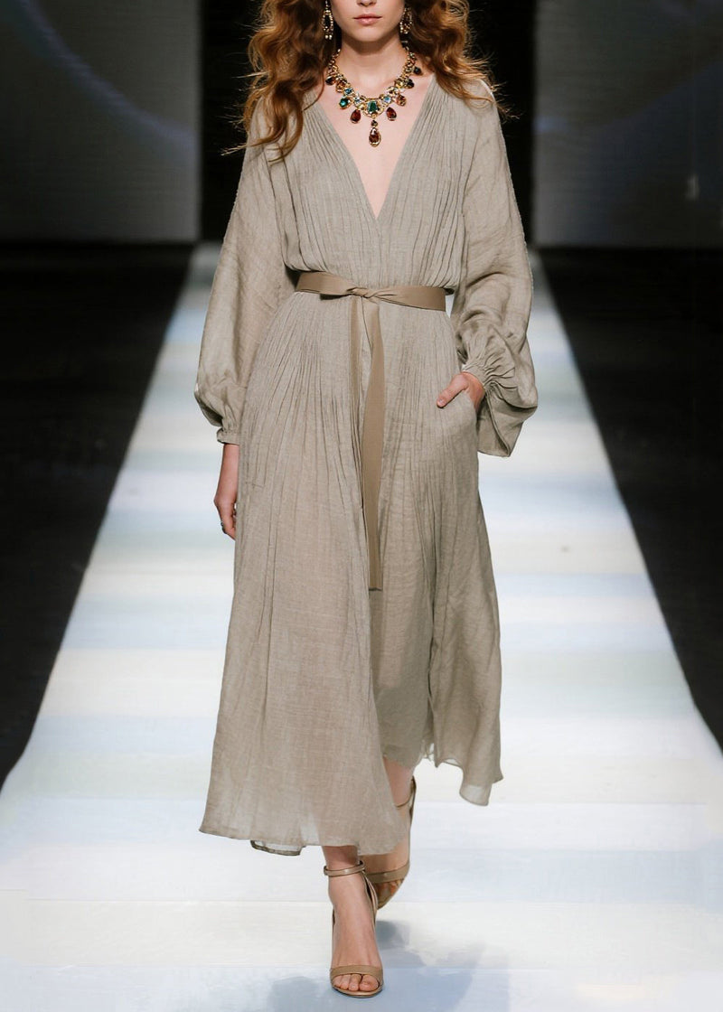 Khaki V Neck Tie Waist Cotton Long Dresses Spring