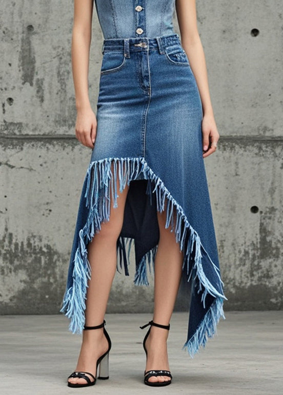 Blue Tasseled Asymmetrical Design Denim Skirt Fall