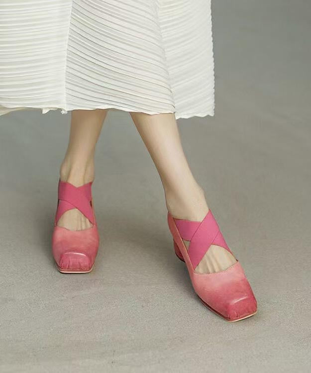 Pink Chunky Heel Horsehide Splicing Cross Strap