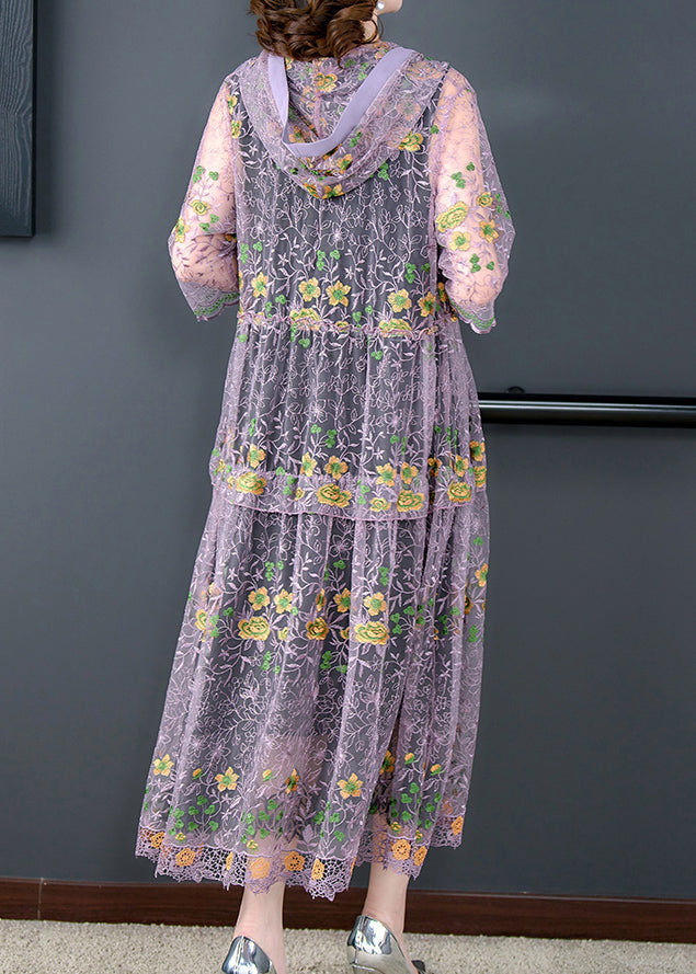 Purple Embroidered Tulle Upf 50+ Hooded Cardigan Spring
