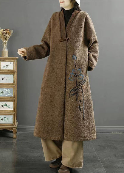 Chocolate Embroideried Chinese Button Faux Fur Coats Winter