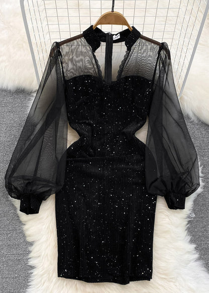Black V Neck Sequins Patchwork Tulle Tunic Mid Dress Lantern Sleeve