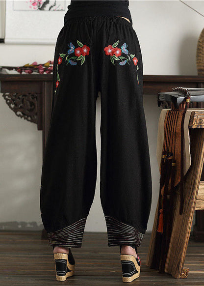 Black Embroideried Elastic Waist Pockets Cotton Lantern Pants Spring