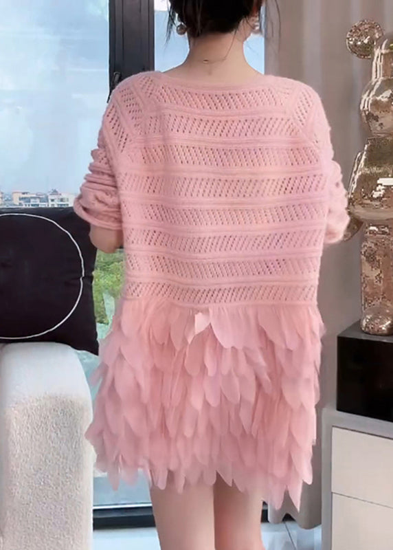Pink Hollow Out Zircon Patchwork Knit Mid Dresses Fall
