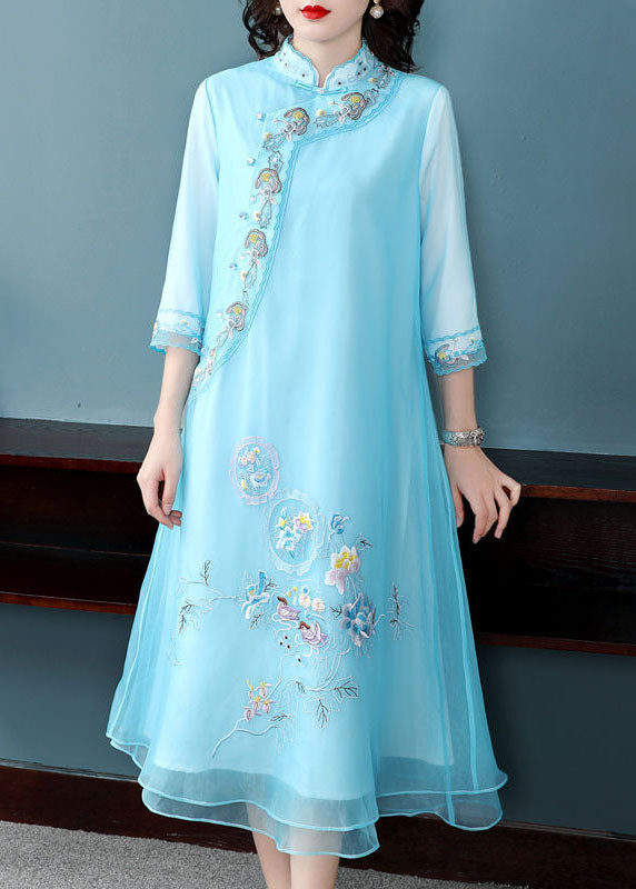 Pink Chiffon Chinese Style Dresses Chinese Button Embroideried Bracelet Sleeve Summer