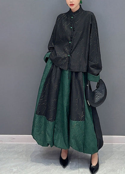 Black Patchwork Green Button Shirts and a Line Skirts Two Piece Set Fall