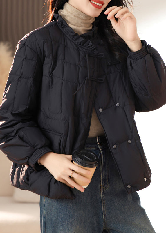 Black Pockets Ruffled Patchwork Fine Cotton Filled Coats Winter