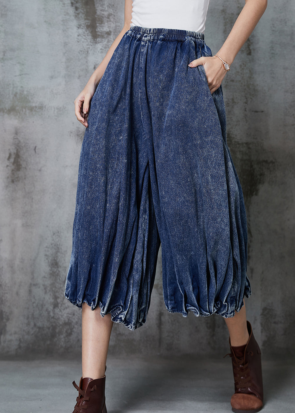 Blue Oversized Wrinkled Denim Wide Leg Pants Spring