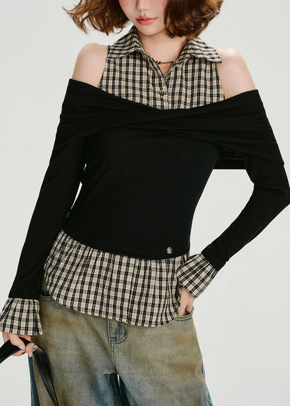 Black Cold Shoulder Patchwork Cotton Blouse Tops Spring