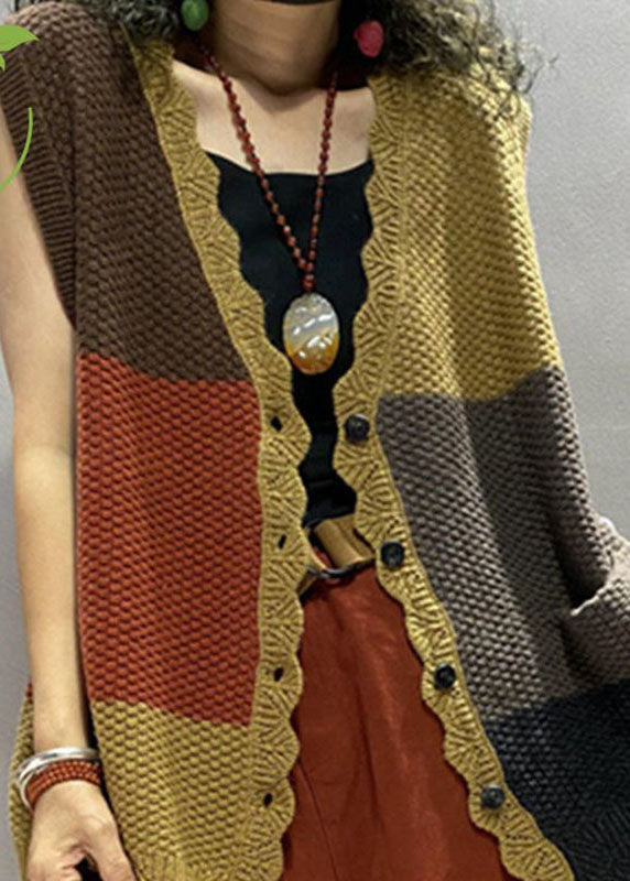 Colorblock Loose V Neck Button Fall Blouse Tops Sleeveless Knit Vest