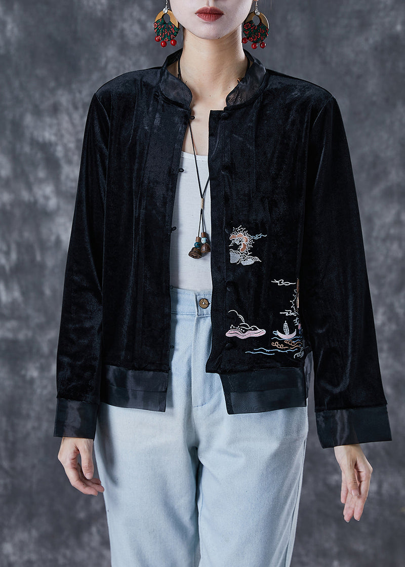 Art Black Embroideried Patchwork Silk Velour Jacket Fall