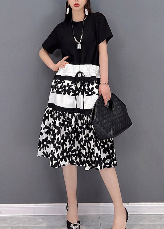 Slim Fit Black O-neck Print Drawstring Patchwork Long Dress Short Sleeve