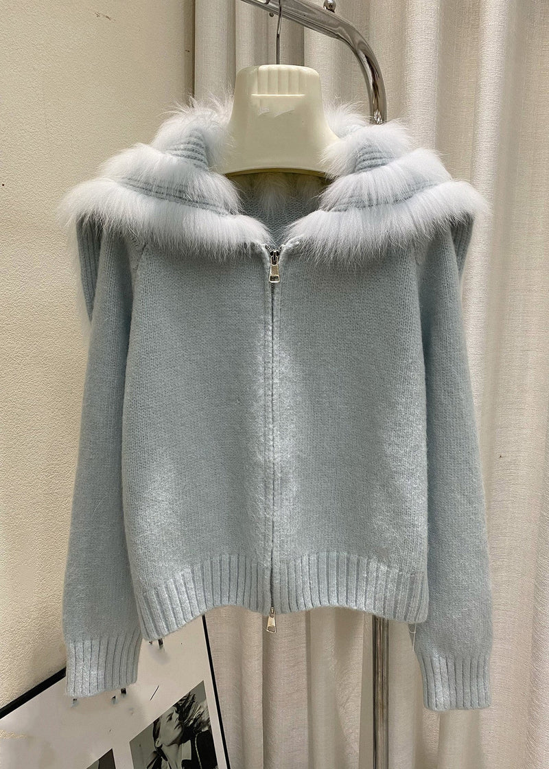 Light Blue Sailor Collar Patchwork Cotton Knit Cardigans Winter