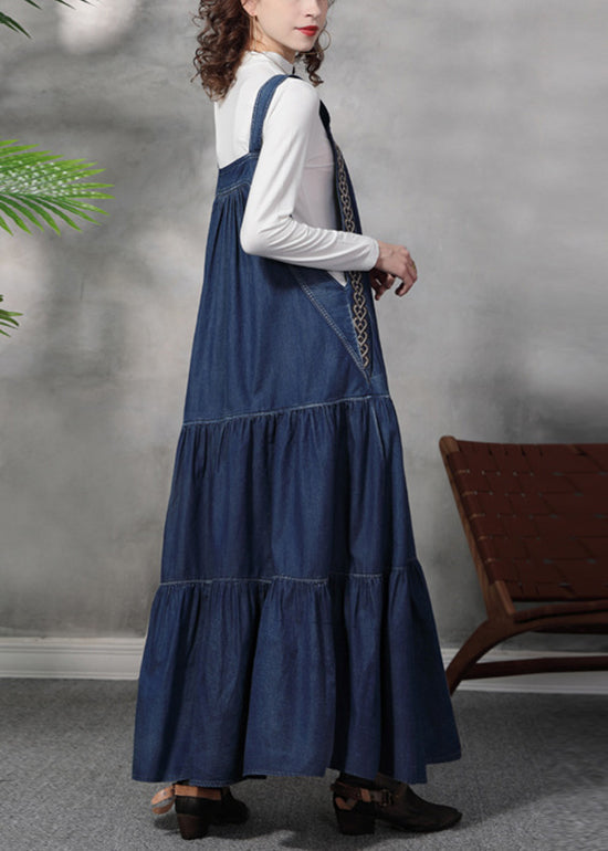 Stylish Blue Wrinkled Embroideried Spaghetti Strap Cotton Denim Dresses Spring