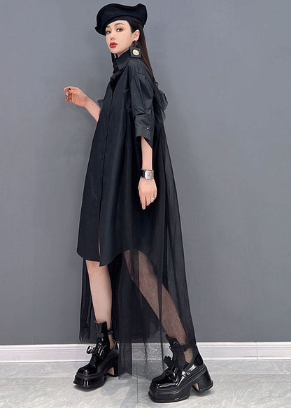 Black Original Design Peter Pan Collar Tulle Patchwork Cotton Shirt Dresses Long Sleeve