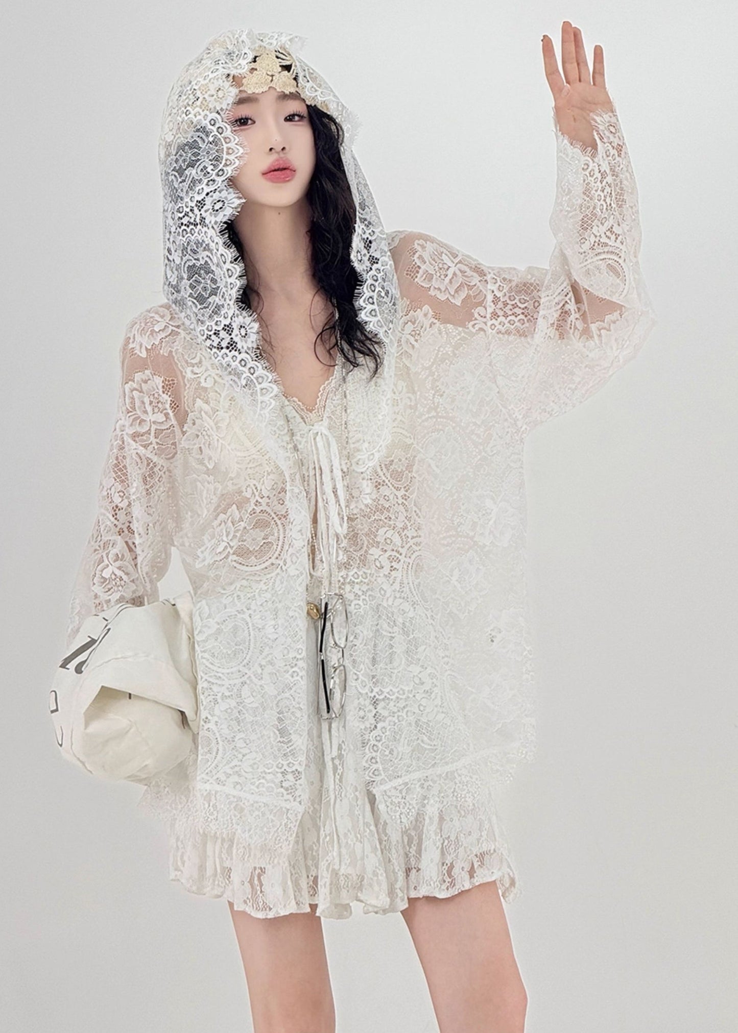 White Oversized Hollow Out Lace Upf 50+ Cardigan Spring