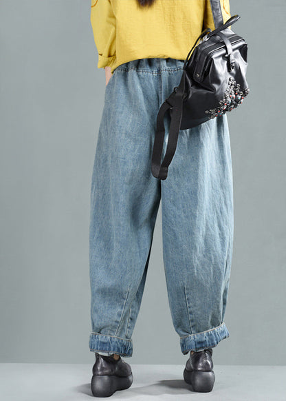 Light Blue Pockets Elastic Waist Denim Lantern Pants Spring