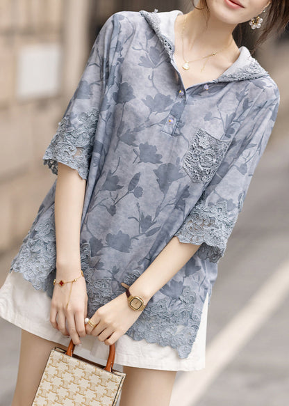 Blue Hooded Patchwork Lace Loose Sweatshirt Summer