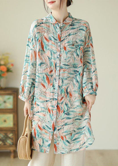 Peter Pan Collar Print Button Cotton Blouses Long Sleeve