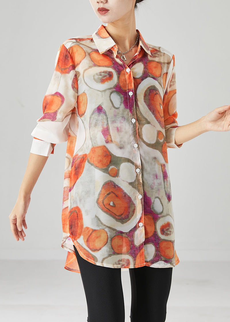 Orange Print Cotton Shirt Top Peter Pan Collar Fall