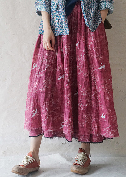 French Red Elastic Waist Drawstring Pocket Print Linen Skirts Spring