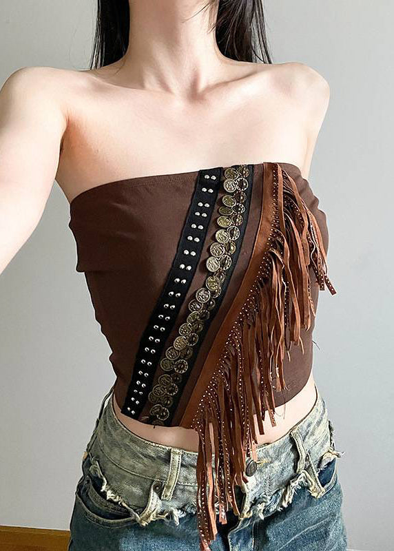 Brown Hollow Out Lace Up Cardigans and Tasseled Tank Two Pieces Set Spring