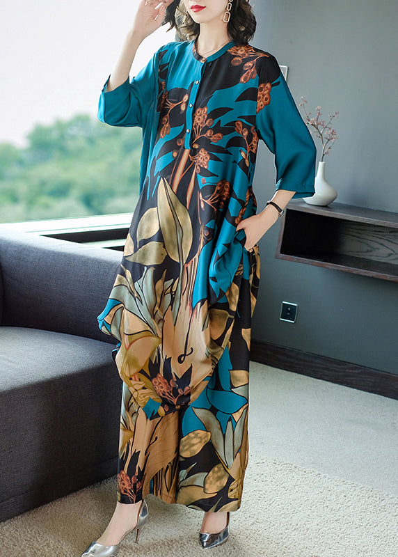 Blue O-neck Print Chiffon Dress and Pants Two Pieces Set Three Quarter Sleeve