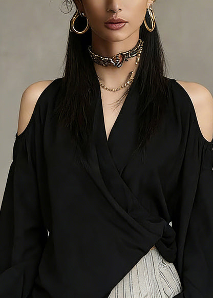 Black V Neck Cold Shoulder Top Spring