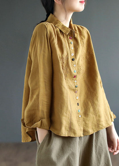 Yellow Peter Pan Collar Embroideried Linen Blouse Tops Fall