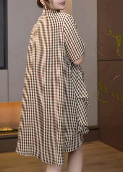 Brown Oversized Plaid Cotton Two Pieces Set Summer