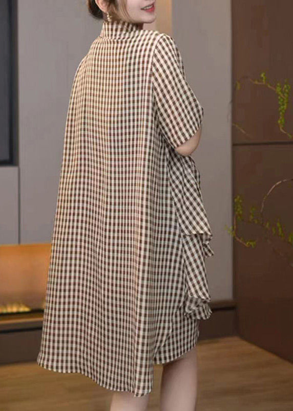Brown Oversized Plaid Cotton Two Pieces Set Summer