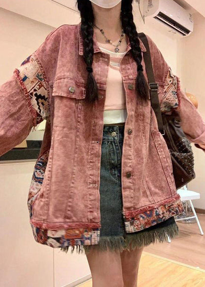 Pink Peter Pan Collar Button Patchwork Denim Coat Spring