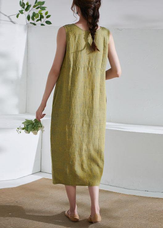Yellow Pockets Patchwork Summer Linen Long Dress Sleeveless