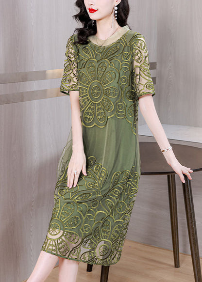 Green Embroideried Ruffled Tulle Long Dresses Short Sleeve