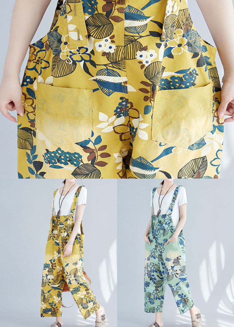 Yellow Pockets Print Denim Crop Wide Leg Jumpsuit Spring