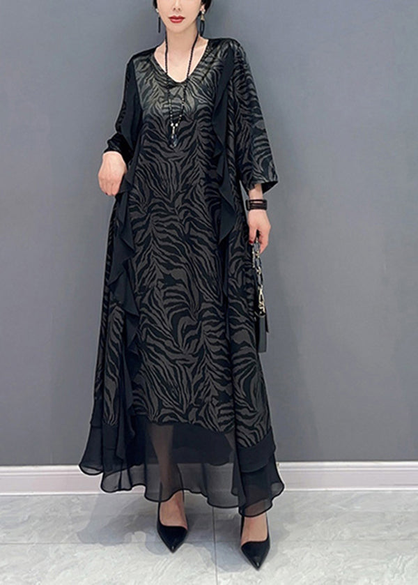 Black Patchwork Silk a Line Dress Ruffles Zebra Pattern Summer