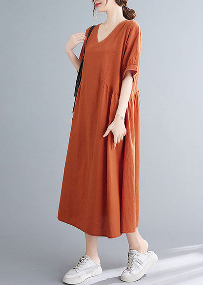 Orange Patchwork Cotton Holiday Dress Wrinkled Short Sleeve