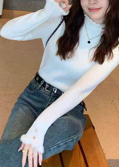 Organic White Turtleneck Ruffled Patchwork Cotton Knit Sweater Spring
