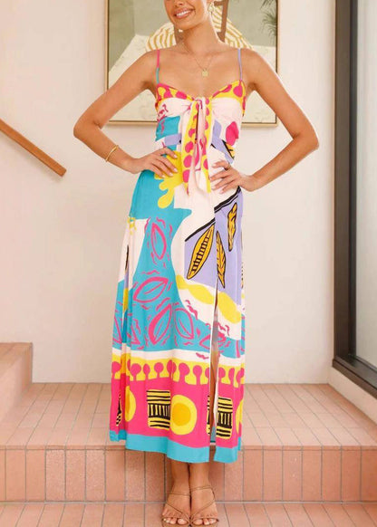 Blue V Neck Bow Side Open Long Dresses Sleeveless