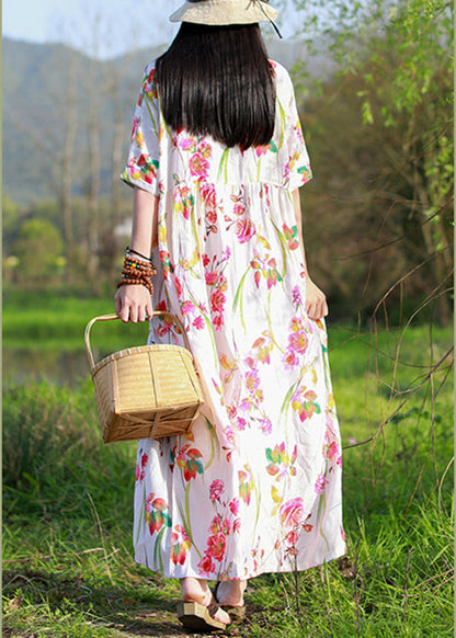 White O-neck Print Beach Dresses Short Sleeve